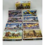 A collection of nine vintage boxed UPC (Universal Powermaster Corp.) plastic models construction