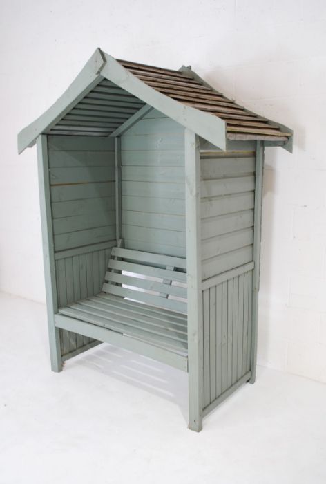 A wooden painted two seater garden arbour in sage green - length 160cm, depth 75cm, height 204cm - Image 3 of 6