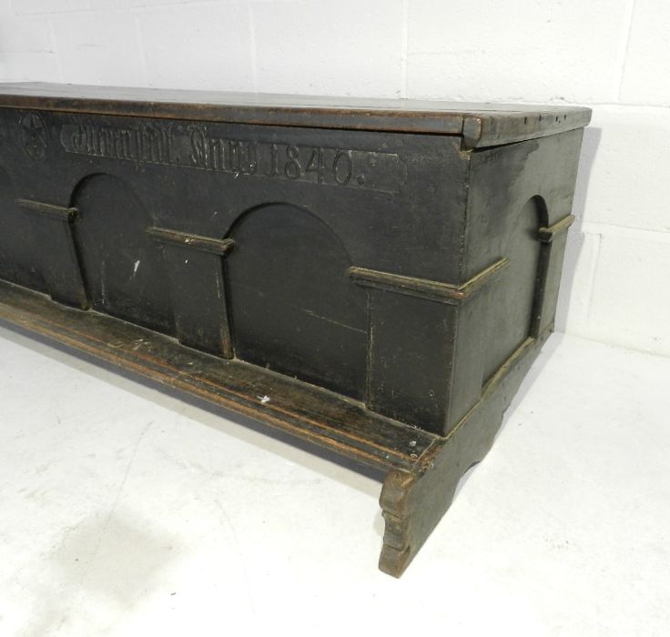A German marriage coffer with Gothic style writing to arched front, dated 1840. one leg A/F - Image 5 of 10