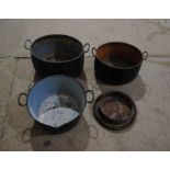 Three cast iron cauldrons etc.