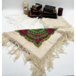 A collection of various items including vintage woollen shawl, antique lace and clothing,