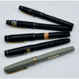 A collection of five vintage fountain pens including Onoto, Summit, Mentmore, Cub and The De La