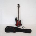 A Gear4Music Chicago (model G4M-143-2236) red sunburst electric four string bass guitar with