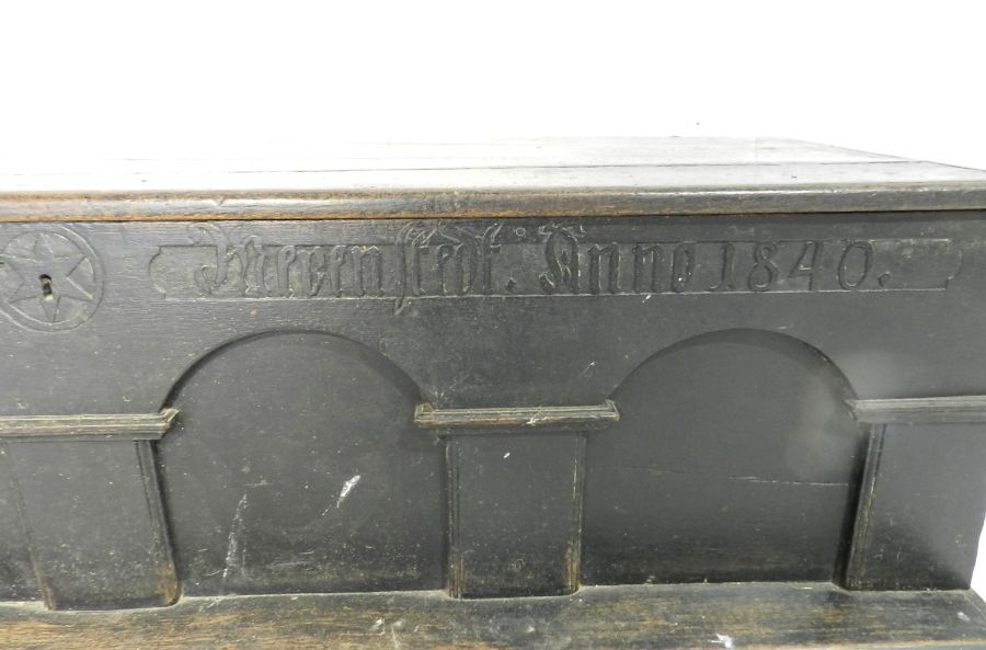 A German marriage coffer with Gothic style writing to arched front, dated 1840. one leg A/F - Image 7 of 10