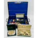 A collection of costume jewellery etc in vintage tin including Charles Horner hallmarked silver leaf