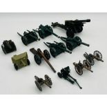 A collection of vintage playworn howitzers and cannon metal/plastic models