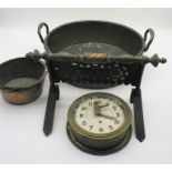 A copper and brass Victorian Trivet, a Bayard 8 day clock (with key), a vintage jam pan etc