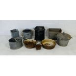 A collection of metal ware including galvanised lidded bin, large coal shuttle, cast iron pans etc