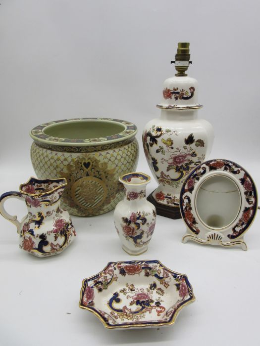 A collection of Mason's china along with an Oriental fishbowl