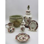 A collection of Mason's china along with an Oriental fishbowl