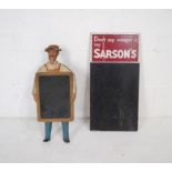 A Sarson's vinegar advertising display board along with a butcher's advertising display board (A/F)