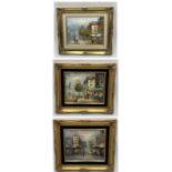 Three small gilt framed acrylic paintings showing Parisian scenes signed, K Springfield, W. Harris