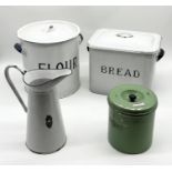 A collection of enamel kitchenalia including bread bin, flour bin, jug etc.