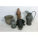 A collection of metal garden ornaments including a vintage hopper, jug pot,etc