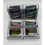 A collection of eight boxed Gilbow "War Time Buses" die-cast models including AEC Regal US Army, AEC