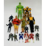 Three vintage Action Man toys (dated 1995 to 1999), along with a selection of toy figurines
