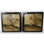 A pair of Oriental lacquered panels with stepped detail