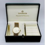 A Sovereign 9ct gold wristwatch on 9ct gold strap in original case (inscribed to reverse), total