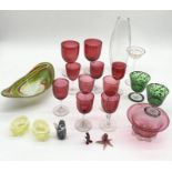 A collection of various coloured and other glass including Kosta style vase with etched figure,