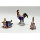 Three Herend porcelain animal figures comprising of a Rooster (13cm) pair of ducks and a rabbit