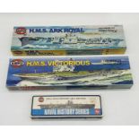 Three boxed Airfix Naval aircraft carriers plastic model kits including H.M.S Victorious, H.M.S
