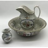 A 19th century Copeland Spode jug and bowl with printed floral design and matching toothbrush