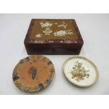 A Japanese lacquered box with applied bone decoration, signed Satsuma dish etc.
