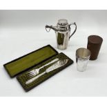 A collection of silver plated pieces comprising of a leather cased set of four nesting stirrup cups,