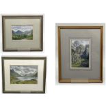 Three watercolours by Jill Aldersley of Cumbrian landscapes titled, "Summer Rain, Wastwater", "