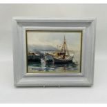 A framed oil painting on canvas of boats docked in a harbour - indistinct signature, overall size