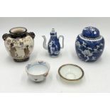 A collection of Oriental china including blue & white ginger jar, Japanese teapot, Satusuma Vase