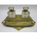 A Victorian brass desk stand with a pair of inkwells (1A/F)