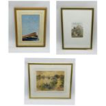 Two framed watercolours and one etching including a riverbank scene "Bridge over the River Otter"