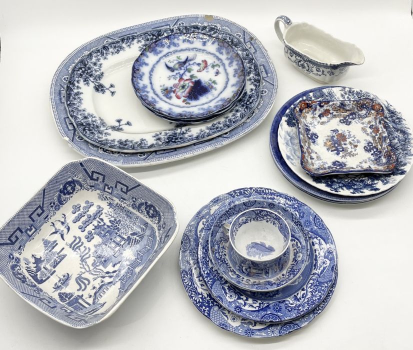 A collection of blue and white china including a number of Spode Blue Italian plates etc.