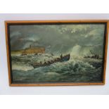 A small oil painting of a lifeboat being rowed to a wreck in rough sea signed G Pearson