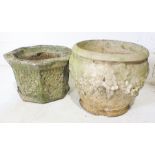 Two reconstituted stone large weathered garden planters.