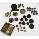 A collection of various vintage and antique weights including Avery and a cased set by J.