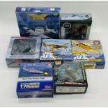 A collection of seven boxed aviation die-cast models including a Corgi Avro Lancaster, 72 Aviation