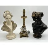 Two plaster female busts along with a vintage gilt table lamp