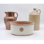 A salt glazed jug along with a stoneware jar and Royal Kew Gardens planter