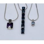 Three 925 silver necklaces with semi precious stone pendants