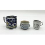 A small blue and white Chinese Ming bowl with three handles along with an antique coffee can and