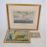 'The America' after Oswald W. Brierly framed nautical lithograph along with two framed pictures
