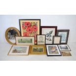 A collection of various framed prints and pictures including an oil painting, gilt wall mirror etc.