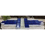 A collection of retro glass tiles. Twenty two blue tiles, four clear tiles. Each tile is double