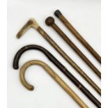 A collection of vintage walking sticks including one with silver top
