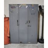 A grey painted wooden set of three lockers - length 131cm, depth 47cm, height 184cm