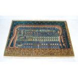 An Egyptian rug decorated with hieroglyphs and Egyptian scenes - 207cm x 137cm