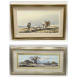 Two framed acrylic paintings one by Wyn Appleford showing a farmer at work with horses and another