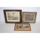 A framed watercolour of a hunting scene signed 'G. Wright', along with two framed hunting prints